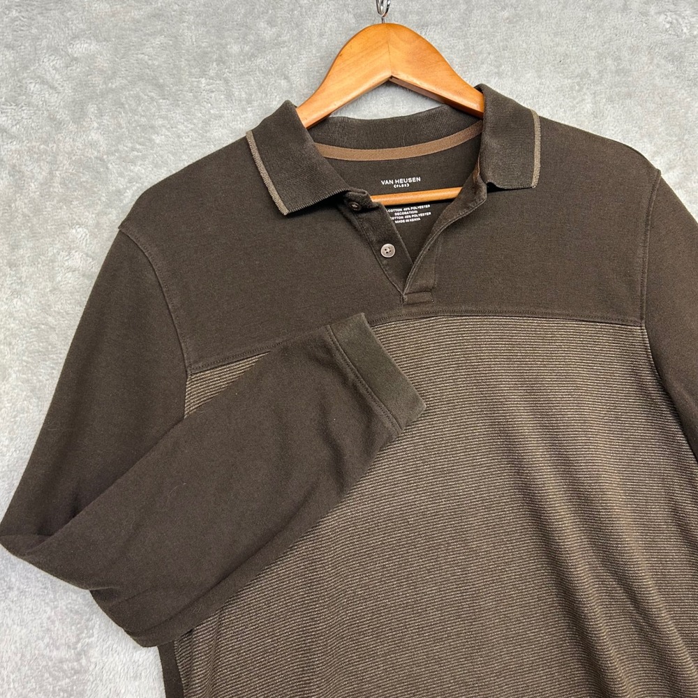 Van Heusen Flex Long Sleeve Polo Shirt Brown Urban Casual Preppy Classic Medium